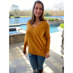 “When You’re Next To Me” Oversized Sweater V Neck Split Side Banded Bottom Mustard