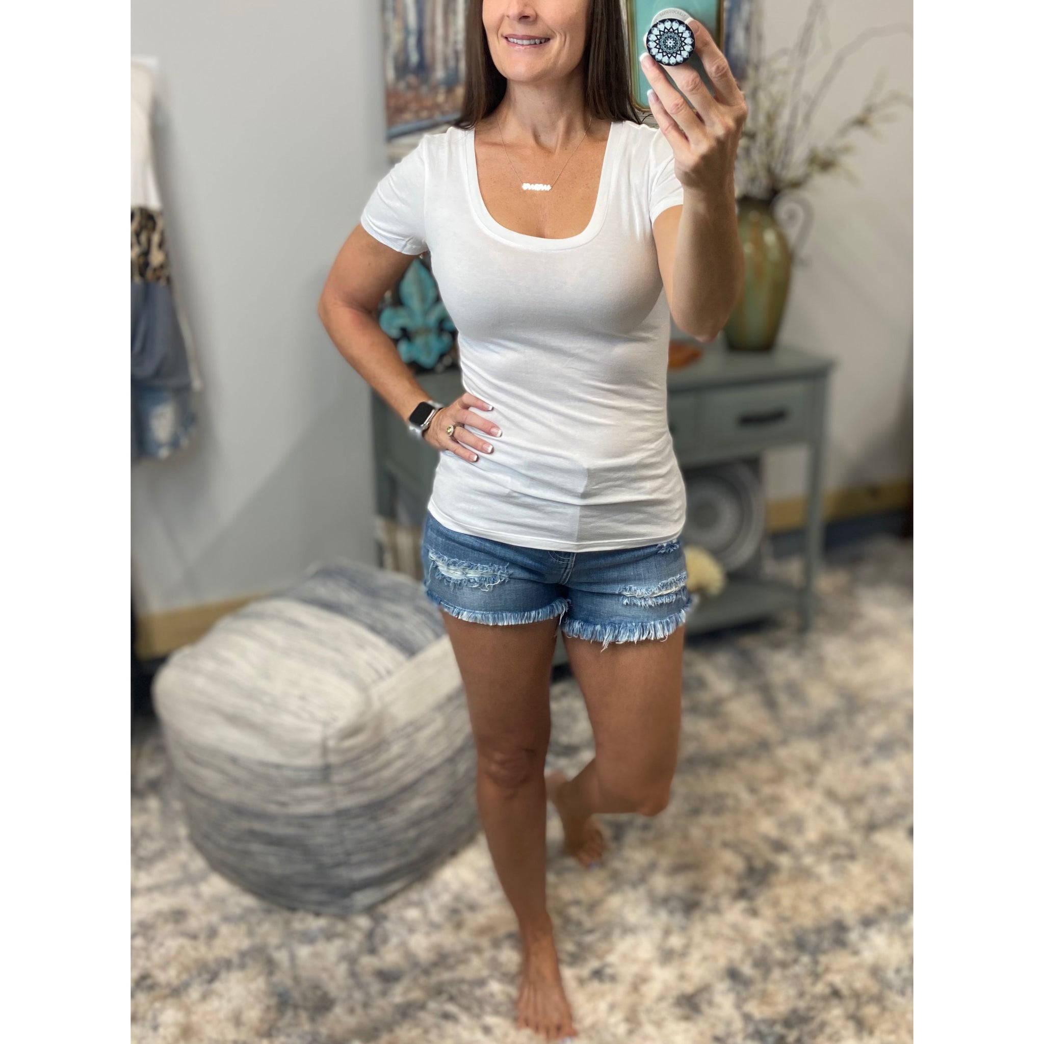 "Basic Babe" Low Cut Scoop Neck Cleavage Baby Slimming Basic Tee Shirt White 1X/2X/3X