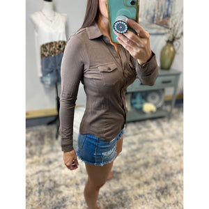 Collar V-Neck Pockets Button Up Slim Preppy Stretch Mocha Brown S/M/L