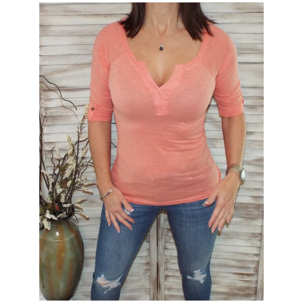 "Come Together" V Neck Crochet Plunge Cleavage 3/4 Melange Cuff Sleeve Top Peach