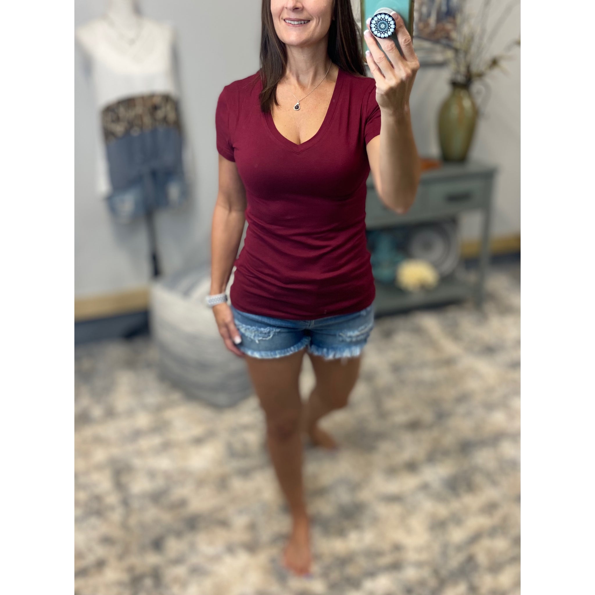 “Basic Babe” Low Cut V-Neck Cleavage Baby Slimming Basic Tee Shirt Maroon S/M/L/XL