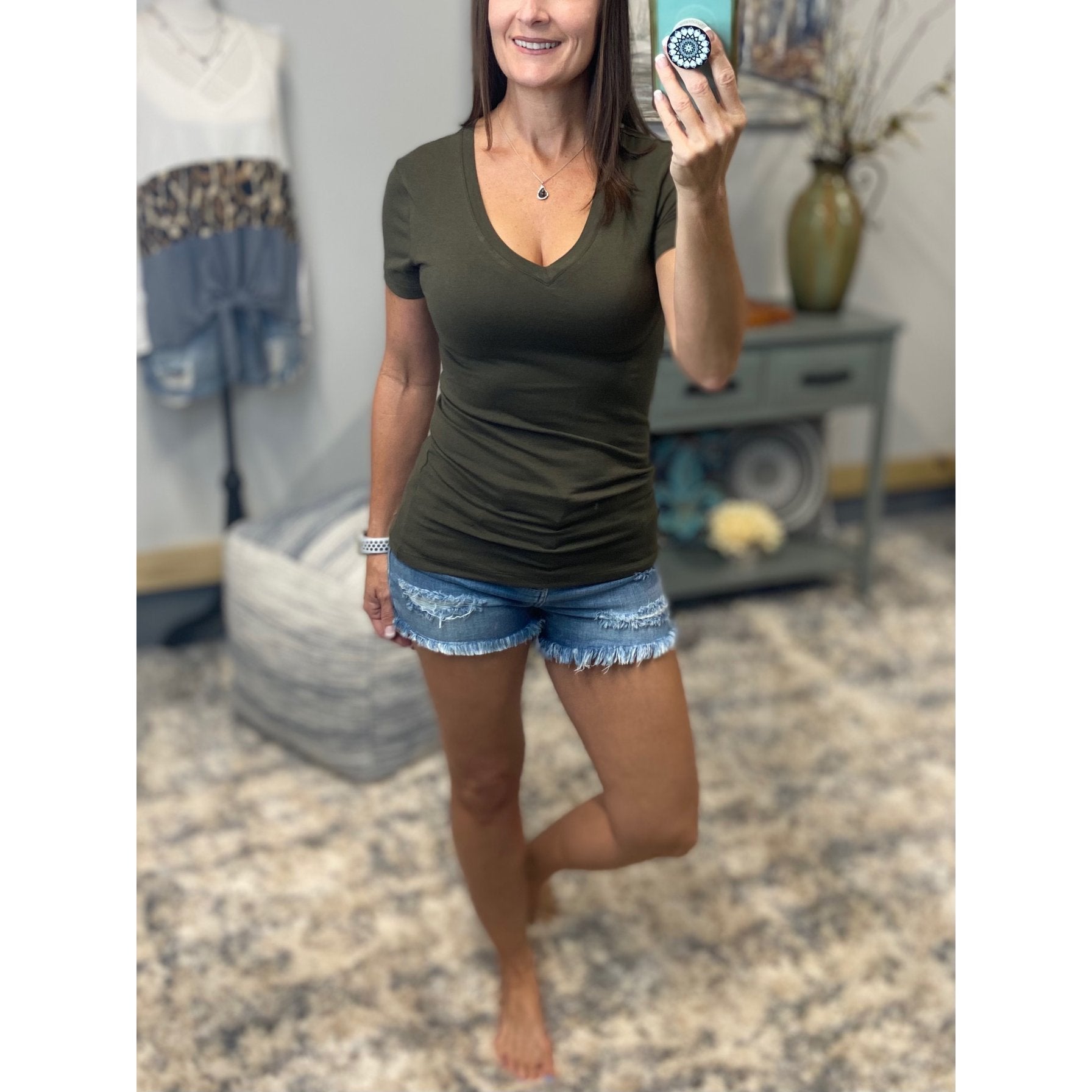 “Basic Babe” Low Cut V-Neck Cleavage Baby Slimming Basic Tee Shirt Top Dk Olive