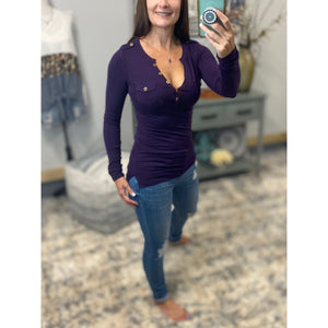 Long Sleeve Deep V Neck Plunge Cleavage Military Henley Pocket Top Purple