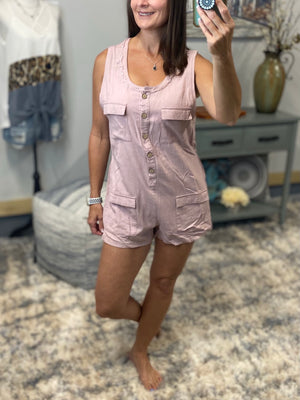 Sexy V-Neck Linen Sleeveless Dressy Romper Shorts Pocket Bottom Pink S/M/L