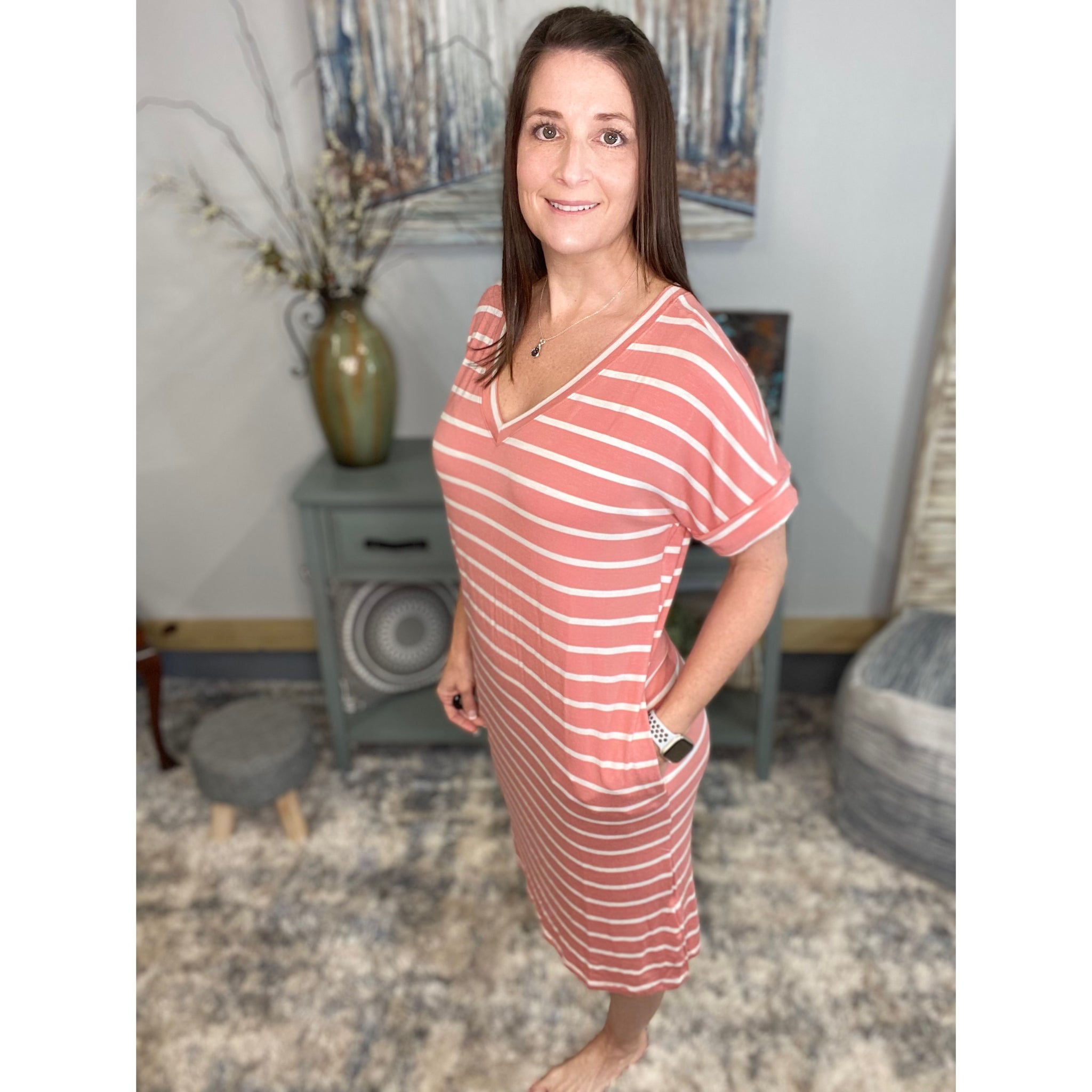 "Think Out The Box" Boxy V-Neck Striped Rolled Cuff Sleeve Pocket Summer Tee Shirt Dress Rose Pink S/M/L