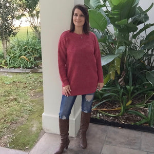 Oversized Sweater Waffle Round Neck Tunic Heavy Long Sleeve Top Cozy Twee Pink