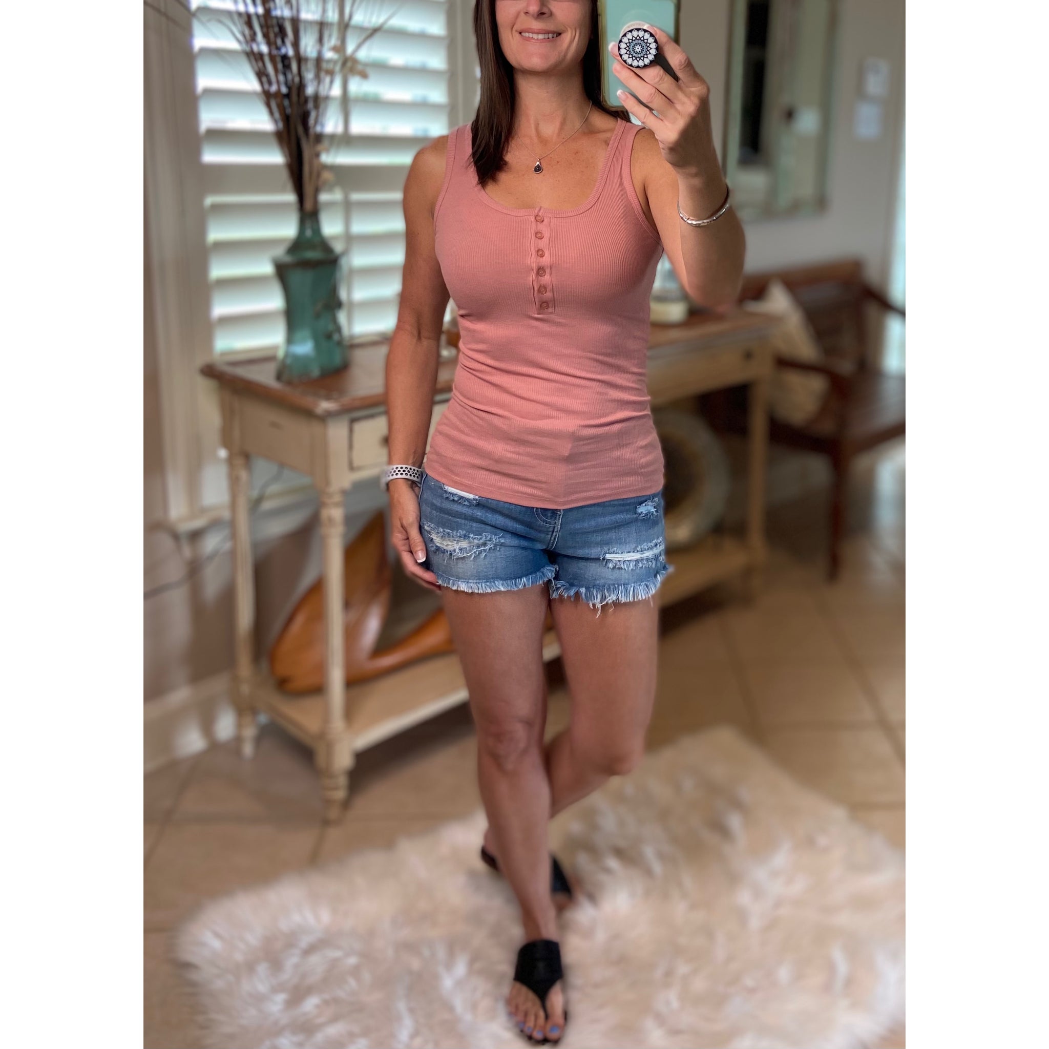 “Let The Sun Shine” Ribbed Henley Low Cut Boy Beater Cleavage Fitted Tank Top Pink