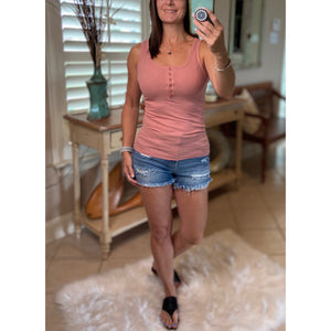 “Let The Sun Shine” Ribbed Henley Low Cut Boy Beater Cleavage Fitted Tank Top Pink