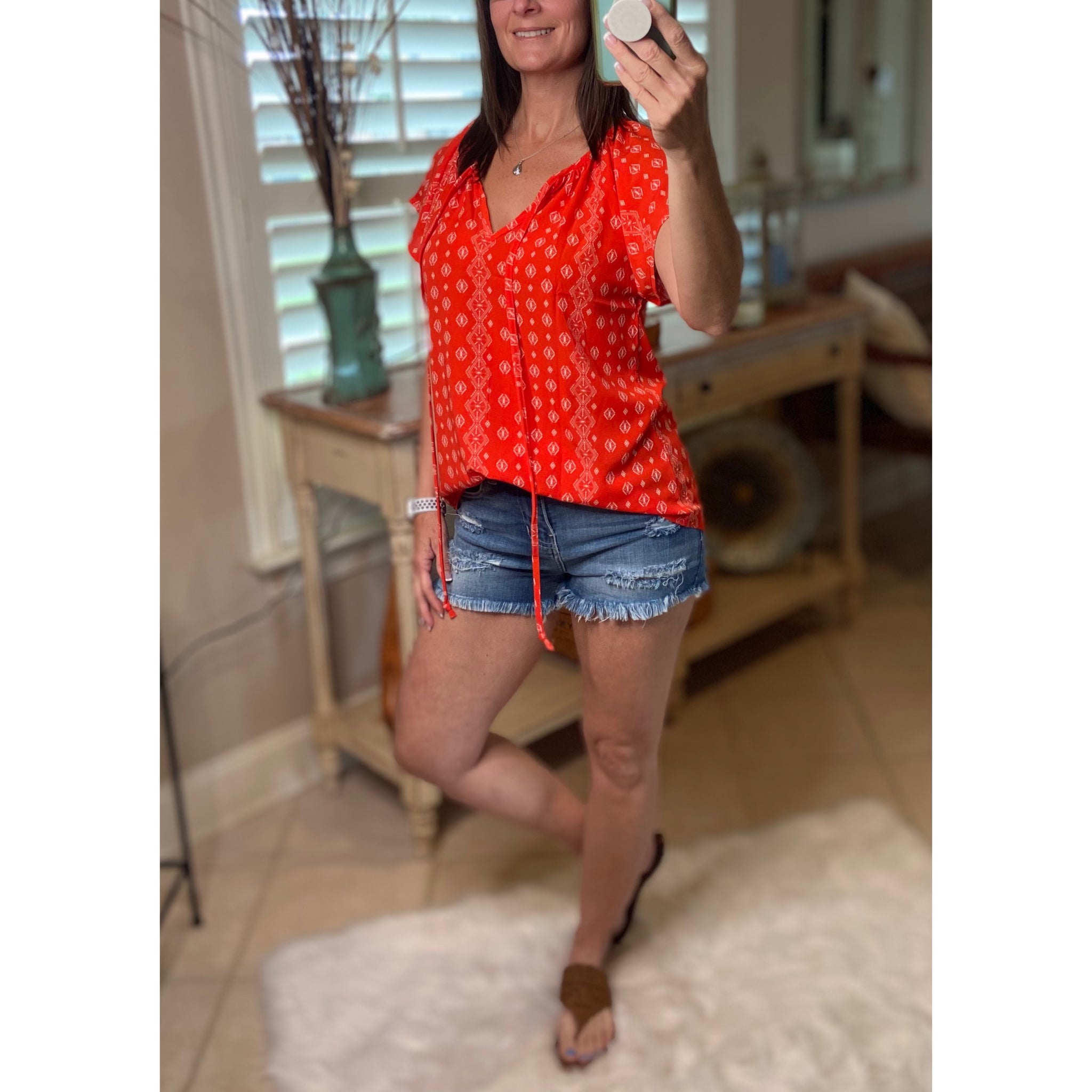 “Wildflower” Floral Dressy Self Tie Keyhole Short Sleeve Round Neck Lightweight Top Red