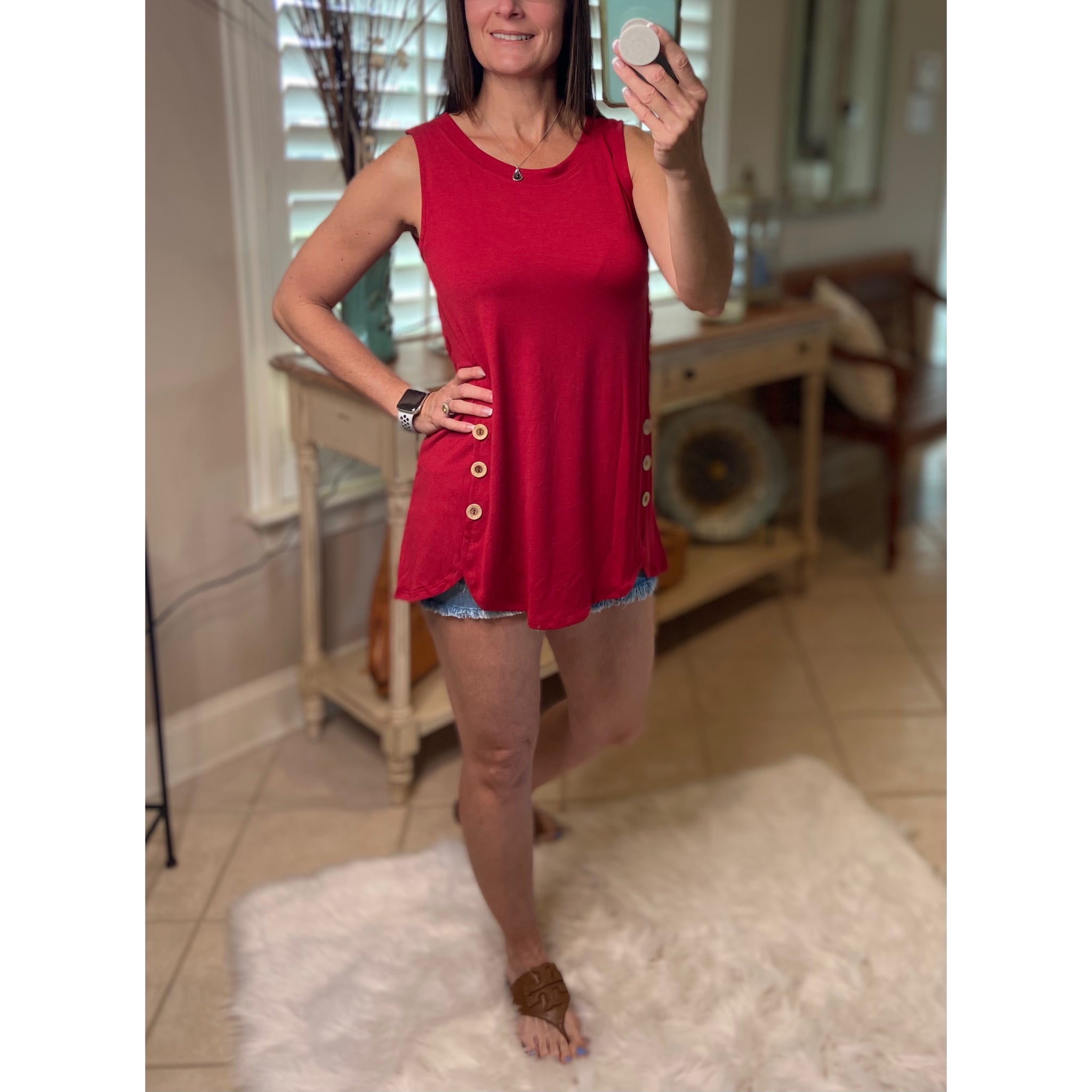 "Adore You" Round Neck Floaty Tunic Sleeveless Tank Wood Button Detail Dk Red