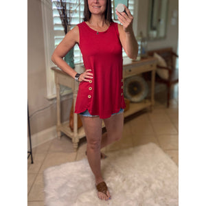"Adore You" Round Neck Floaty Tunic Sleeveless Tank Wood Button Detail Dk Red