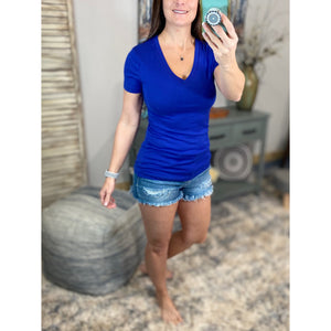 “Basic Babe” Low Cut V-Neck Cleavage Boyfriend Baby Slimming Basic Tee Shirt Sapphire Blue S/M/L