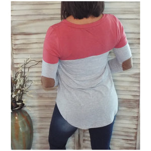 Suede Pocket Elbow Detail V-Neck Floaty Tunic 3/4 Sleeve Pink Gray S/M/L/XL