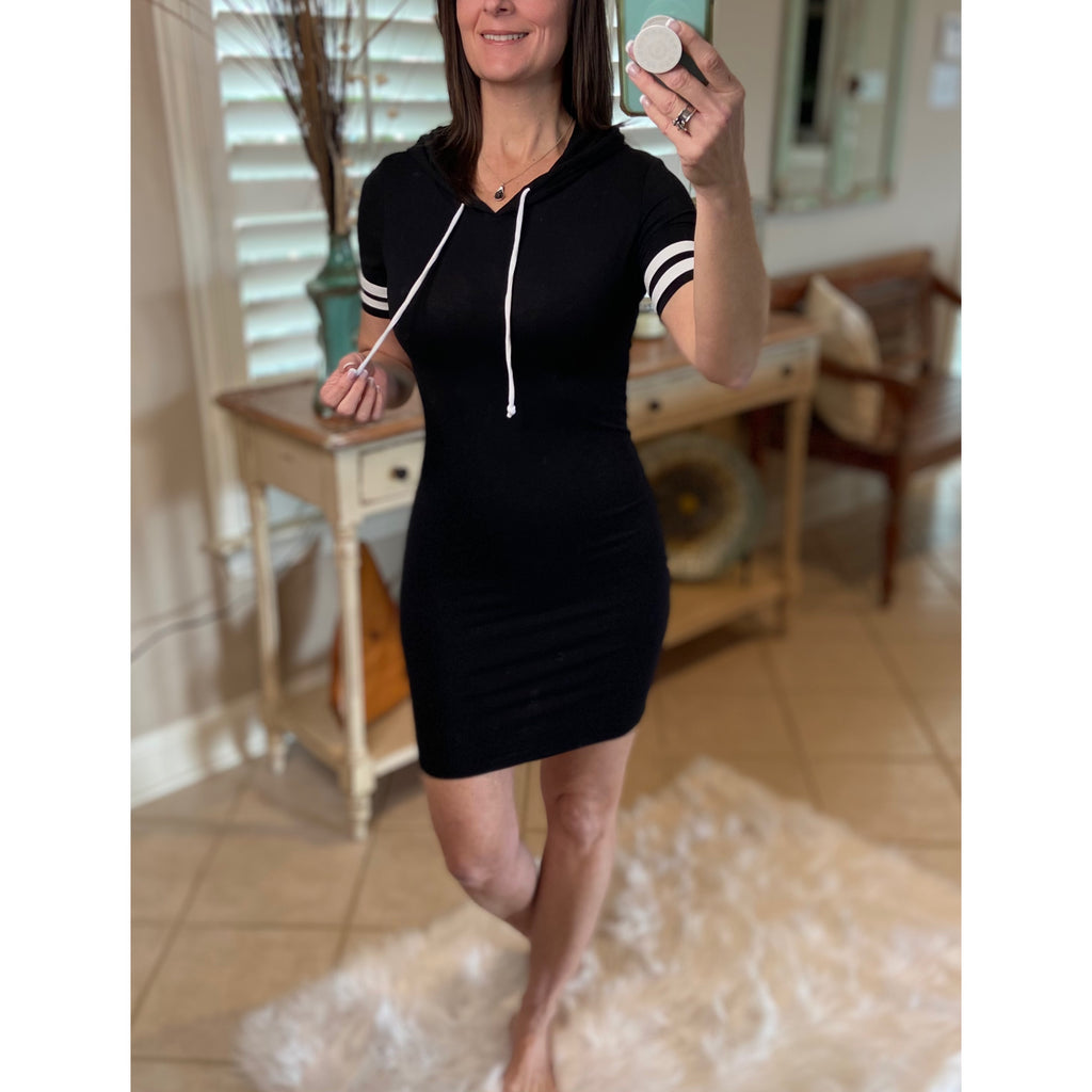 Sporty Athletic Hoodie Bodycon Contrast Stripe Sleeve Stretch Dress Black S/M/L