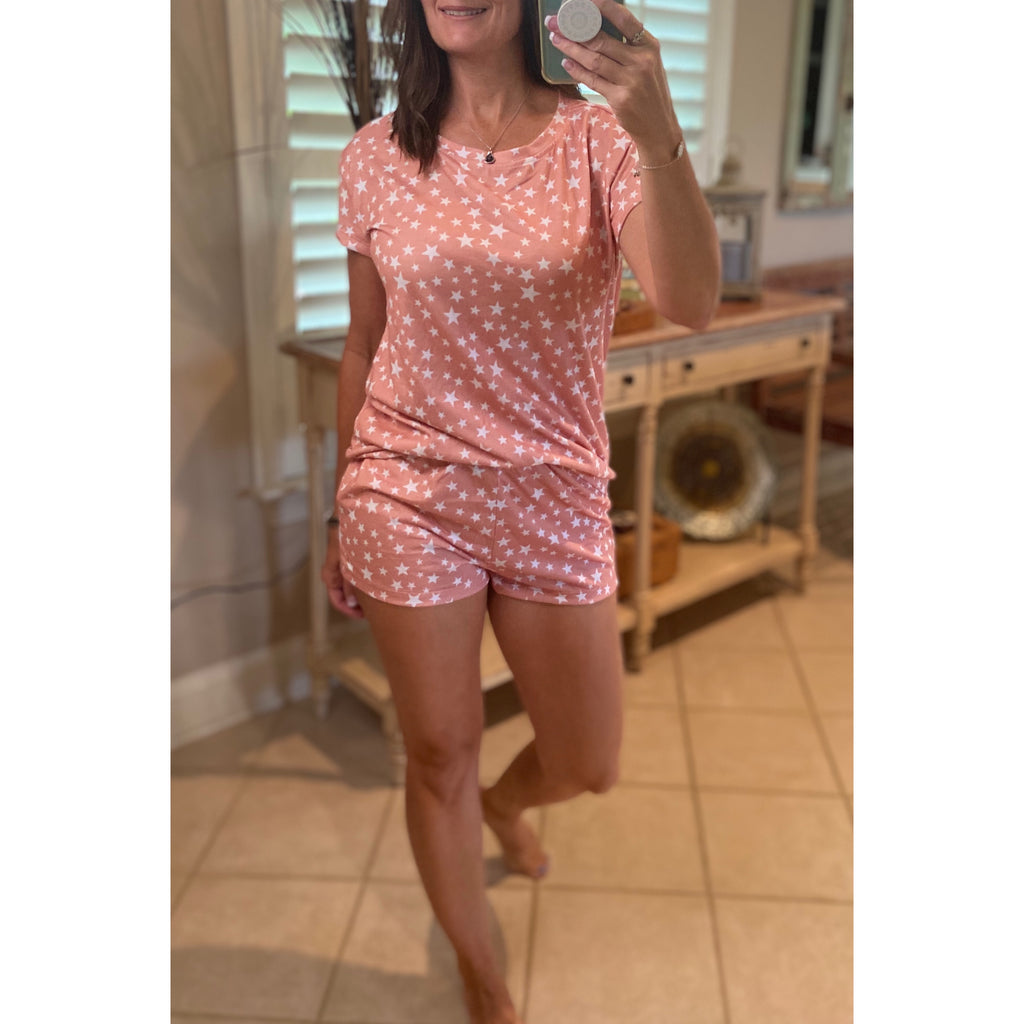 “Starry Starry Night” Star Print Top & Bottom PJ Pajama Lounge Set Pink S/M/L/XL