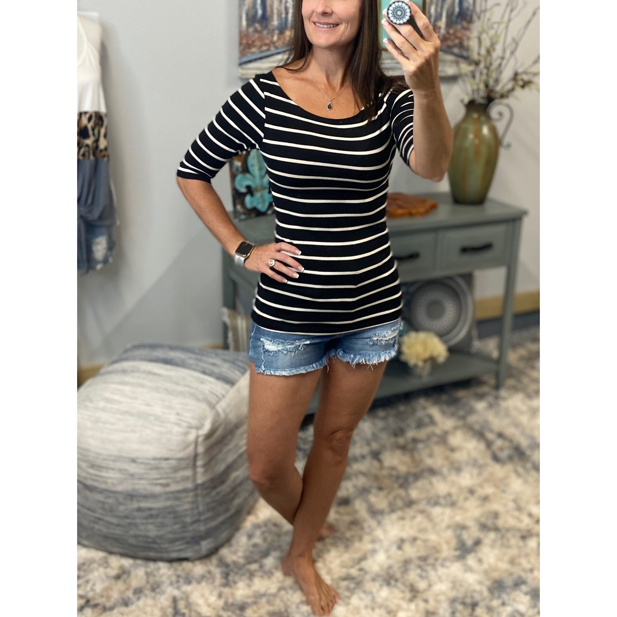 Boat Neck Preppy Striped Rugby Open Shoulder 3/4 Shirt Top Black