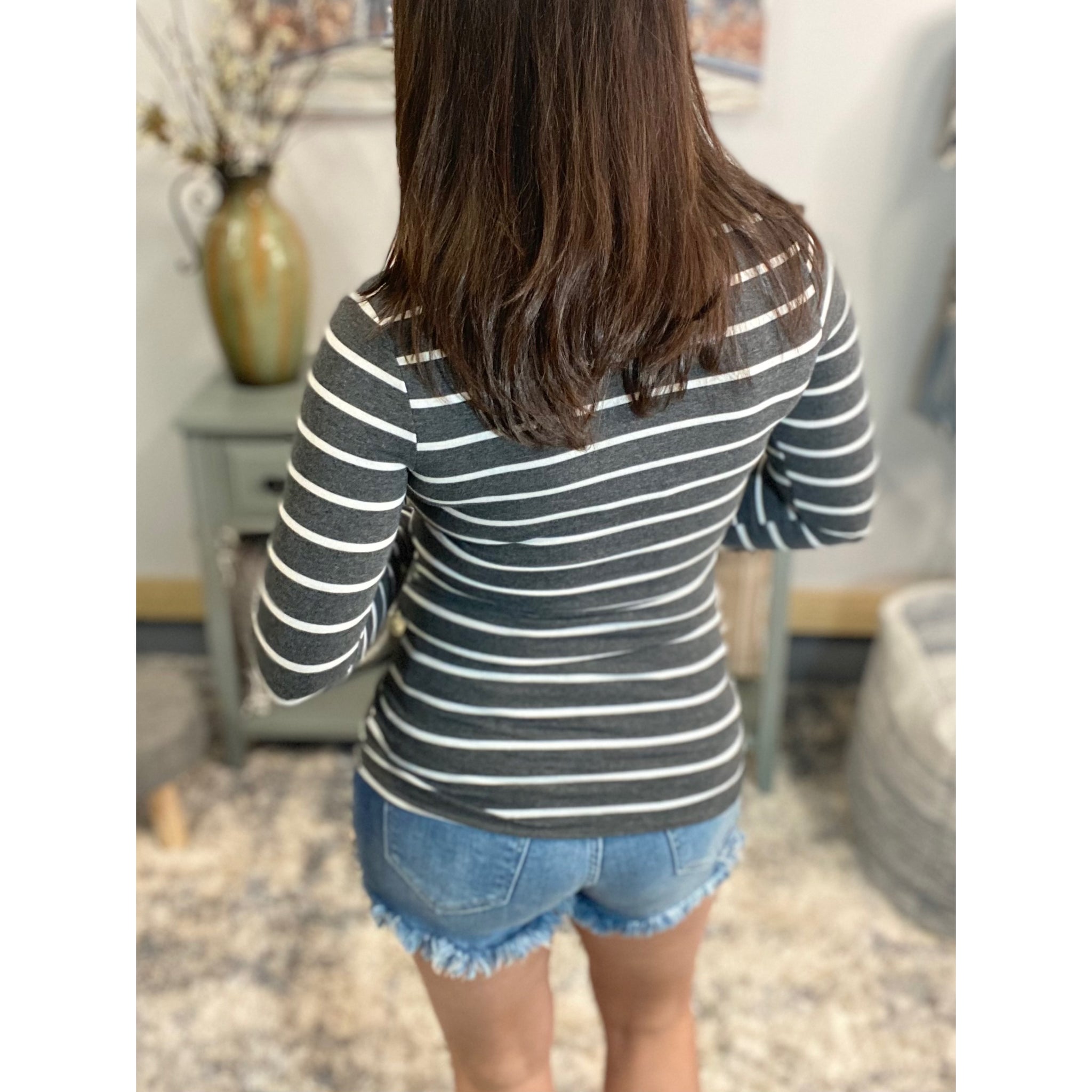"Follow Me" Nautical Striped Preppy Stretch V-Neck Low Cut L/S Shirt Charcoal Gray White S/M/L