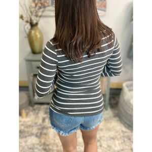 "Follow Me" Nautical Striped Preppy Stretch V-Neck Low Cut L/S Shirt Charcoal Gray White S/M/L