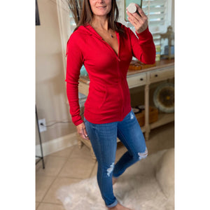 "Get Cozy" Zip Up Waffle Thermal Hoodie Light Jacket Long Sleeve Sweater Yoga Red Plus