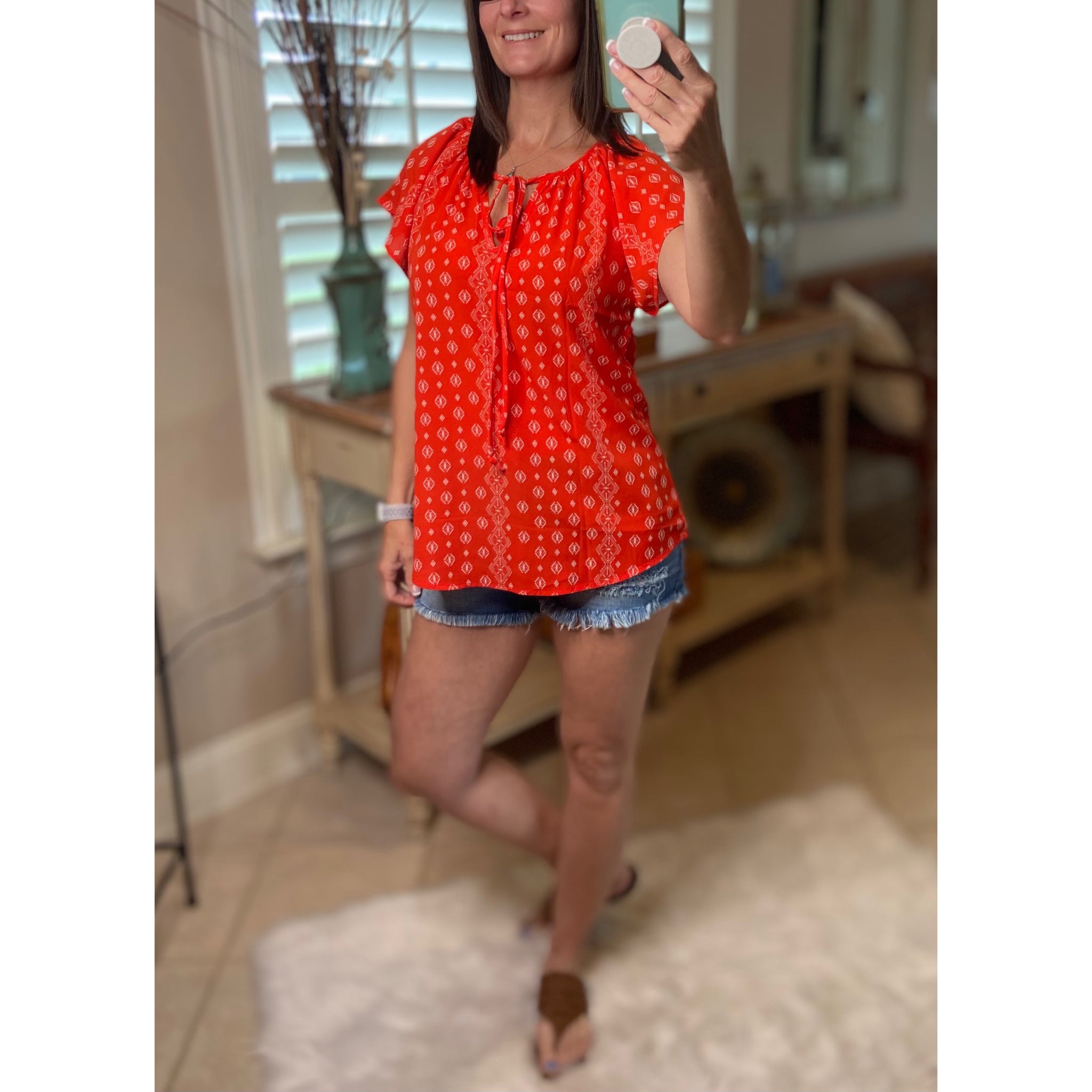 “Wildflower” Floral Dressy Self Tie Keyhole Short Sleeve Round Neck Lightweight Top Red