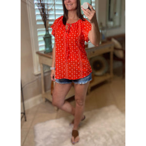 “Wildflower” Floral Dressy Self Tie Keyhole Short Sleeve Round Neck Lightweight Top Red