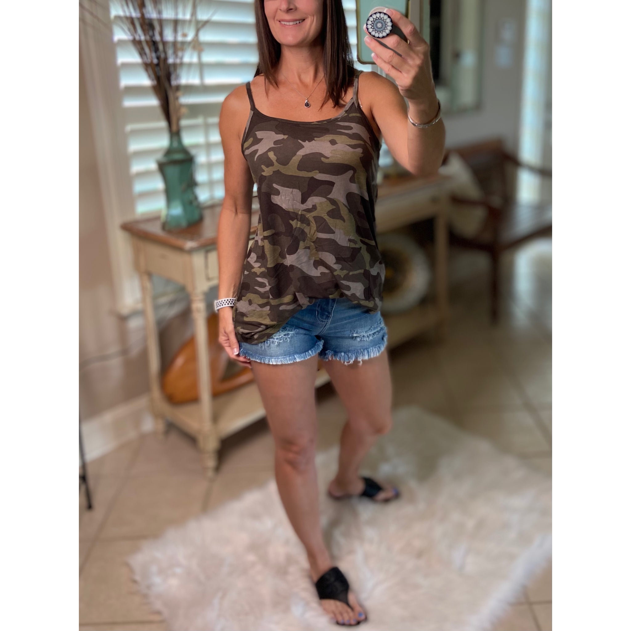 “Heat Wave” Reversible Camouflage Low Scoop Or V Neck Spaghetti Strap Tank Top Green