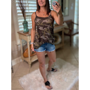 “Heat Wave” Reversible Camouflage Low Scoop Or V Neck Spaghetti Strap Tank Top Green