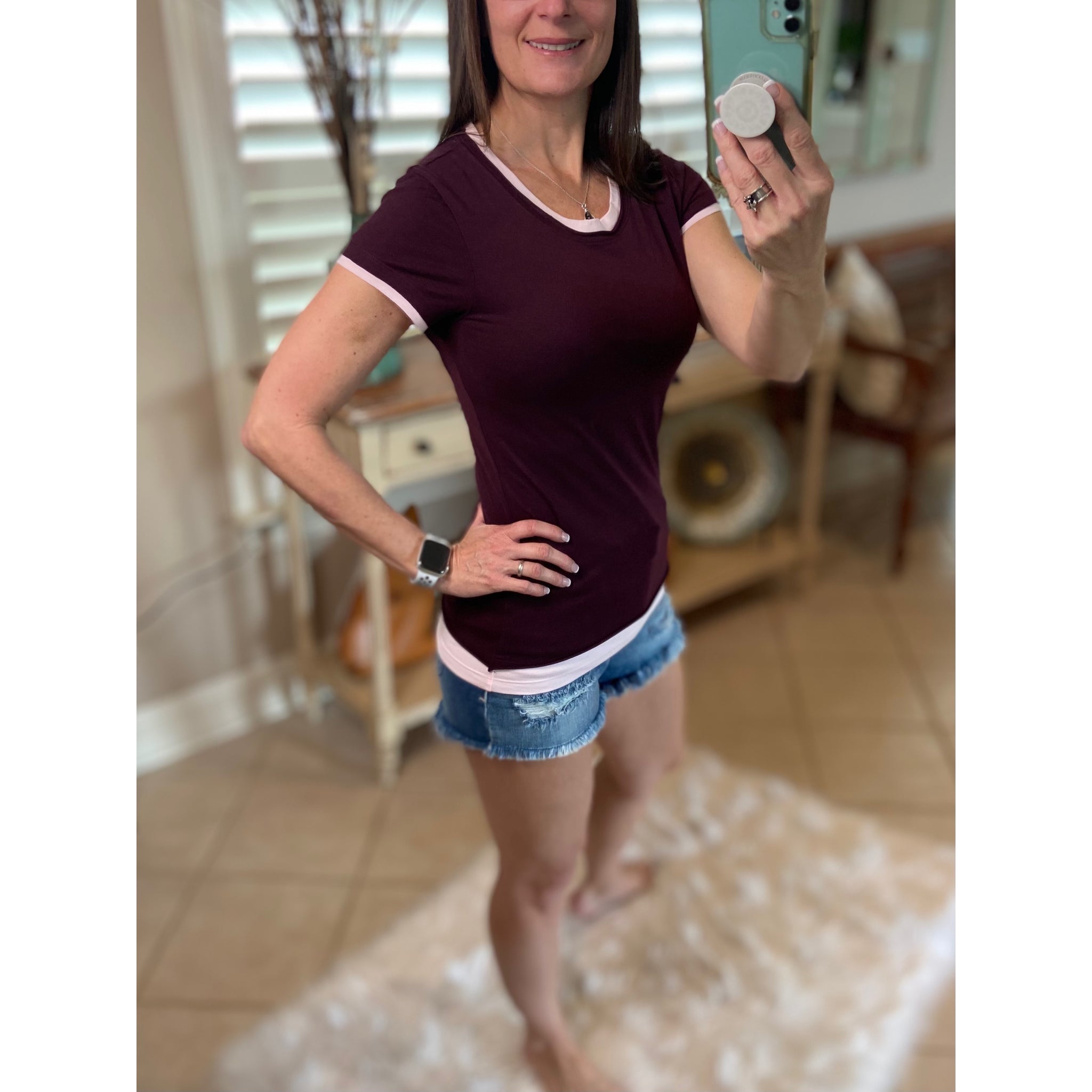 Very Sexy Crew Neck Baby Slimming Sheer Top Tee Brown Maroon Trim S/M/L/XL/XXL