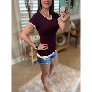 Very Sexy Crew Neck Baby Slimming Sheer Top Tee Brown Maroon Trim S/M/L/XL/XXL