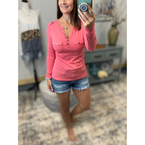 V-Neck Plunge Preppy Burnout Cleavage Military Henley Pocket Coral S/M/L