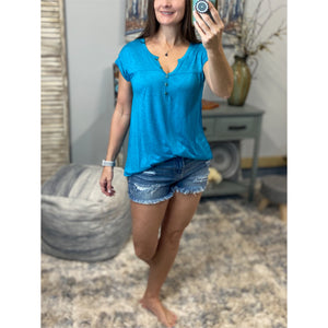 “Just Be You” Sheer Burnout Melange Tissue V-Neck Henley Tab Short Sleeve Shirt Tee Teal