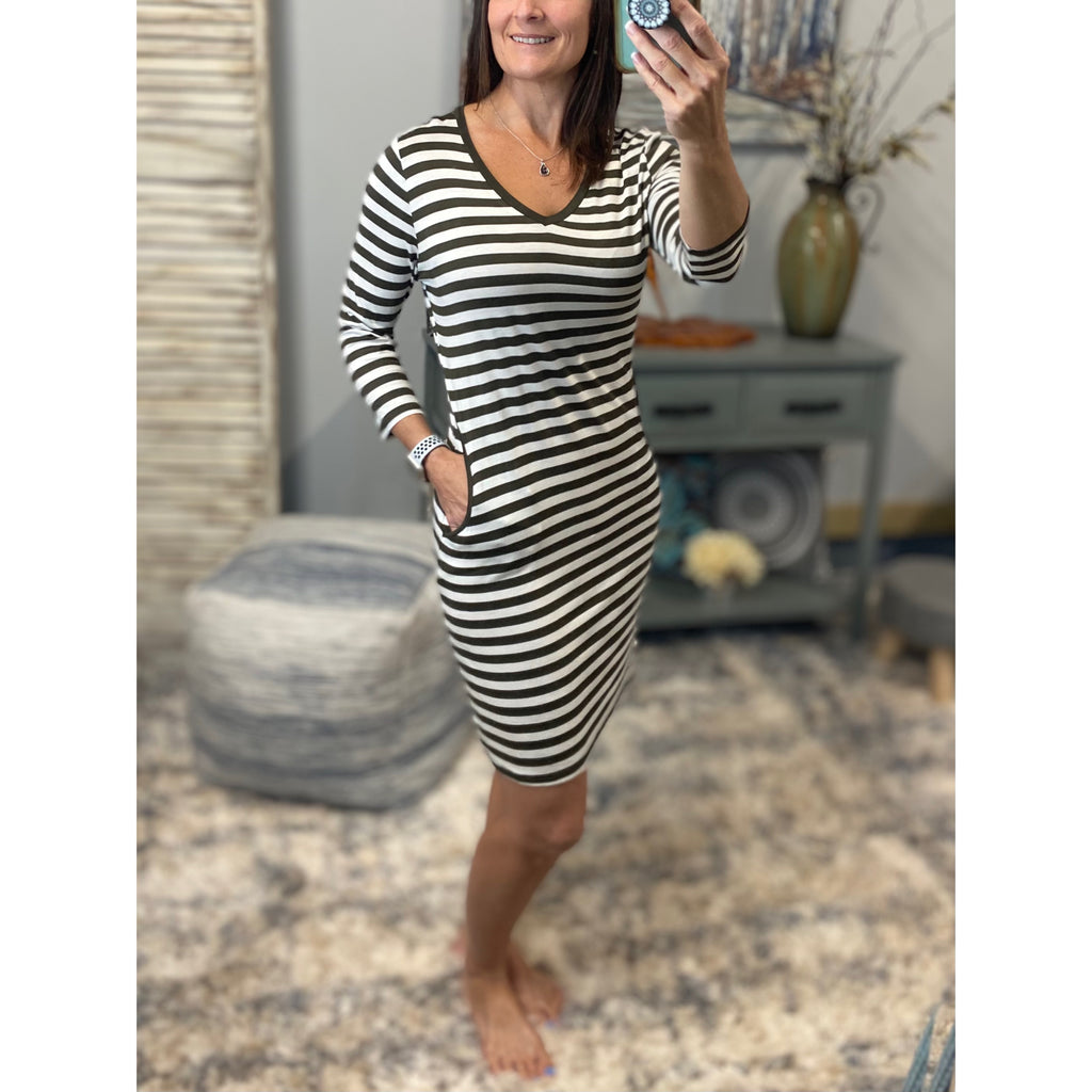 Sexy Tee Shirt Dress V Neck Pocket Striped Fitting Summer Dress Olive White