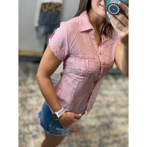 “Never Too Much” Striped V Neck Preppy Country Collar Pocket Button Up Short Tab Sleeve Red