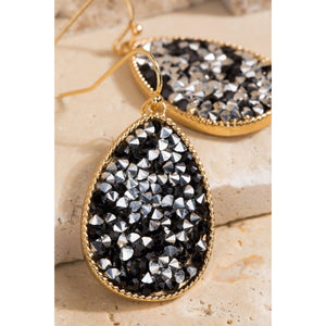 “Disco” Glitter Stone Teardrop Hook Earrings Black Gold Sliver