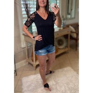 "All About The Lace" Lace Short Sleeve V-Neck Rounded Bottom Dressy Black S/M/L/XL