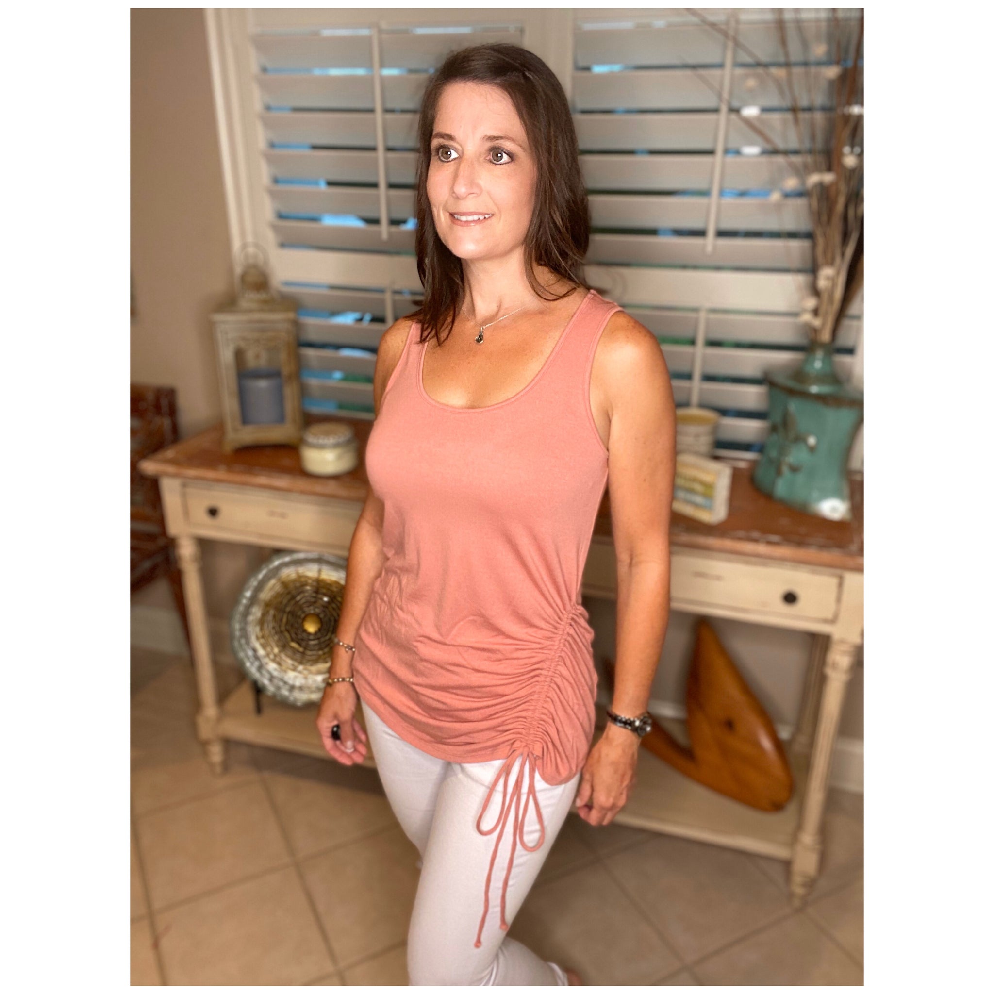Scoop Neck Adjustable Ruched Side Tie Loose Sleeveless Tank Top Rose Pink S/M/L/XL