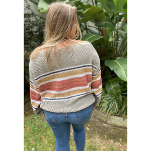 “My Happy Place” Lightweight Ribbed Knit Sweater Striped Off Shoulder Long Sleeve