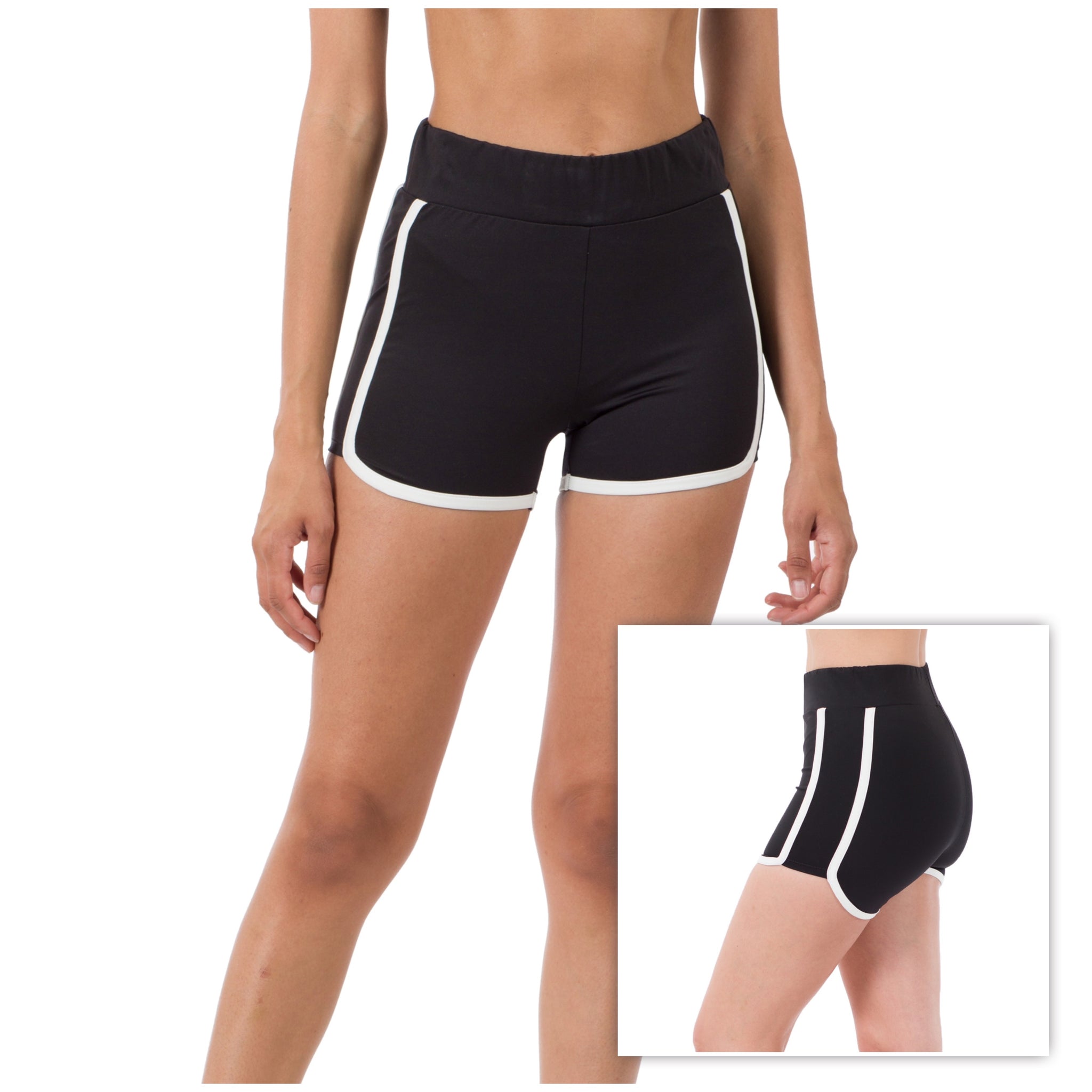 "Summer Hype" Athletic Sporty Elastic Waist Contrast Trim Dolphin Hem Shorts Black S/M/L/XL