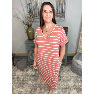 "Think Out The Box" Boxy V-Neck Striped Rolled Cuff Sleeve Pocket Summer Tee Shirt Dress Rose Pink S/M/L