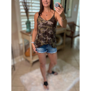 “Heat Wave” Reversible Camouflage Low Scoop Or V Neck Spaghetti Strap Tank Top Green