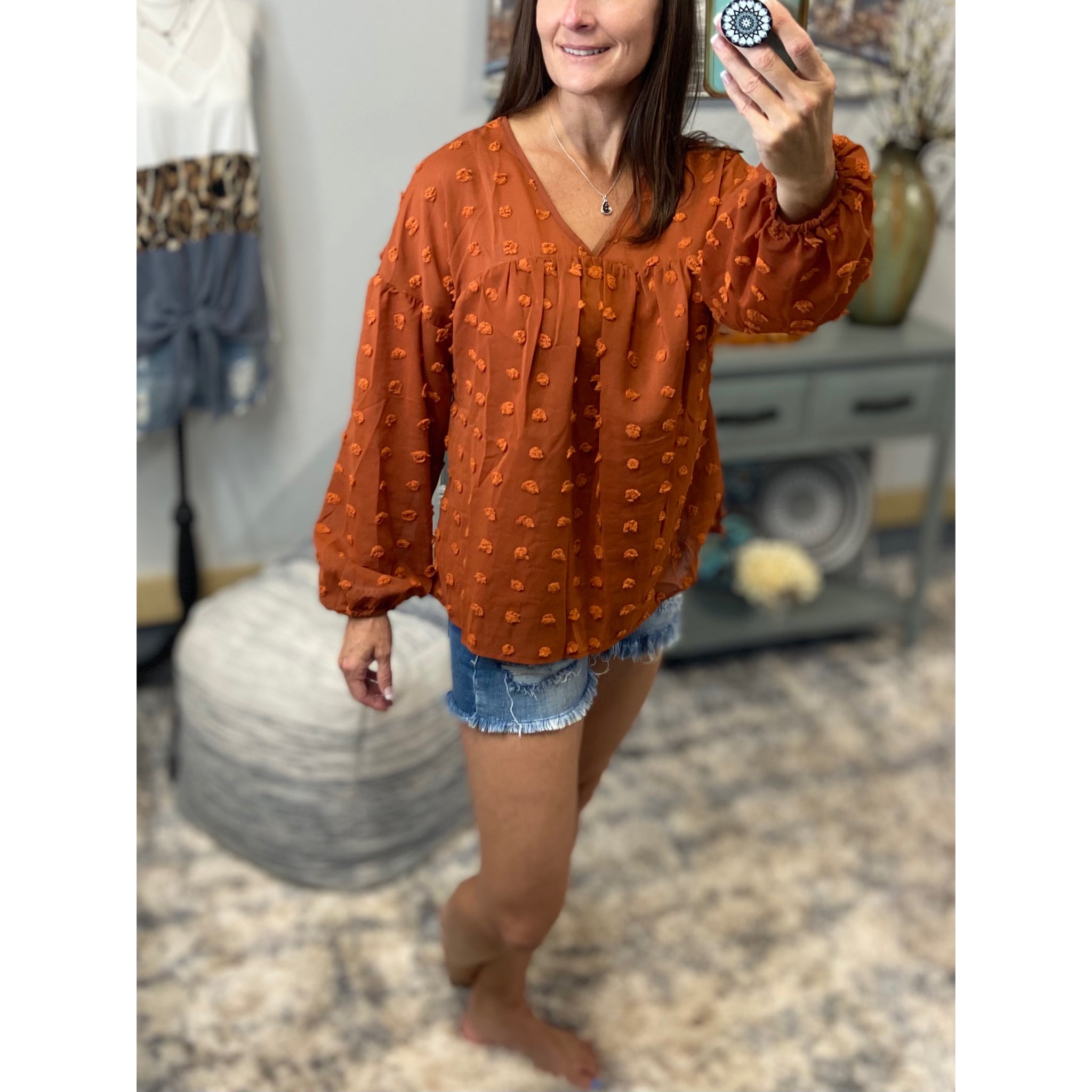 “Harvest Festival” Swiss Dot Long Bubble Sleeve V-Neck Floaty Top Rust