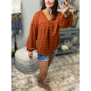 “Harvest Festival” Swiss Dot Long Bubble Sleeve V-Neck Floaty Top Rust