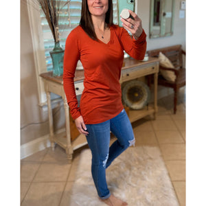“Be My Baby” Loose Slimming V Neck Low Cut Long Sleeve Tissue Basic Baby Shirt Top Rust