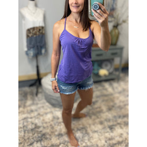 “Can’t Get Away” Low Cut Scoop Neck Mesh Racerback Shirred Tissue Tank Shirt Top Purple