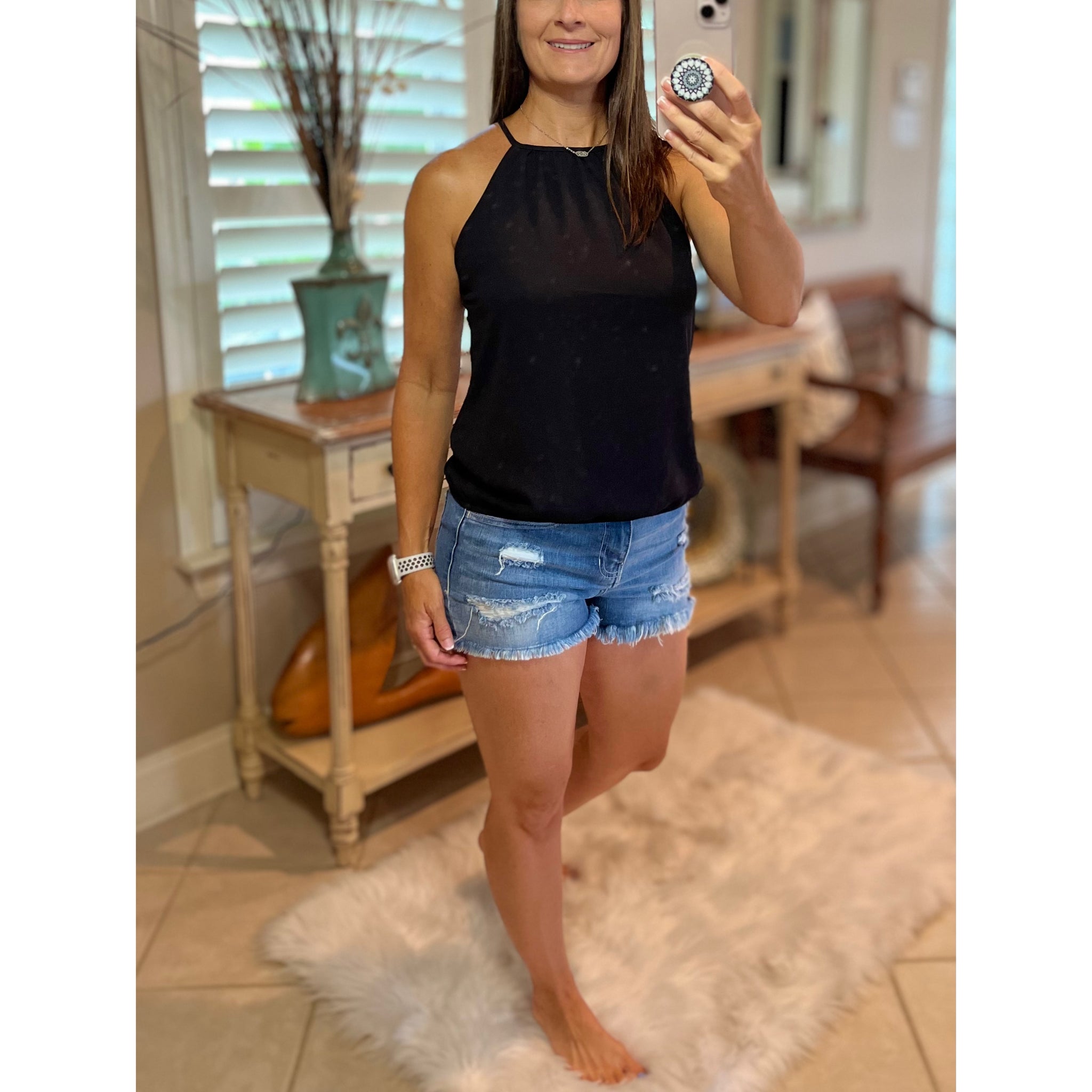Chiffon Halter Top Black Multi Keyhole Banded Bottom Tank Cami Sexy Summer Light
