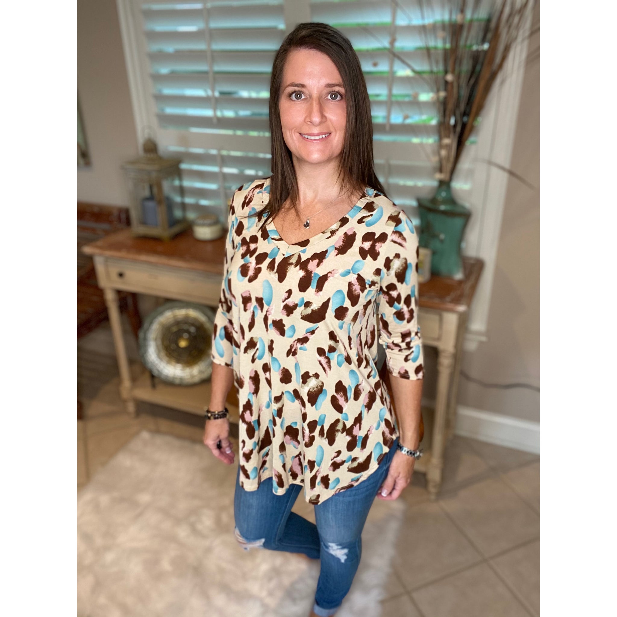 “Too Good To Be True” Leopard Print V Neck Quarter Sleeve Round Bottom Floaty Taupe Pink