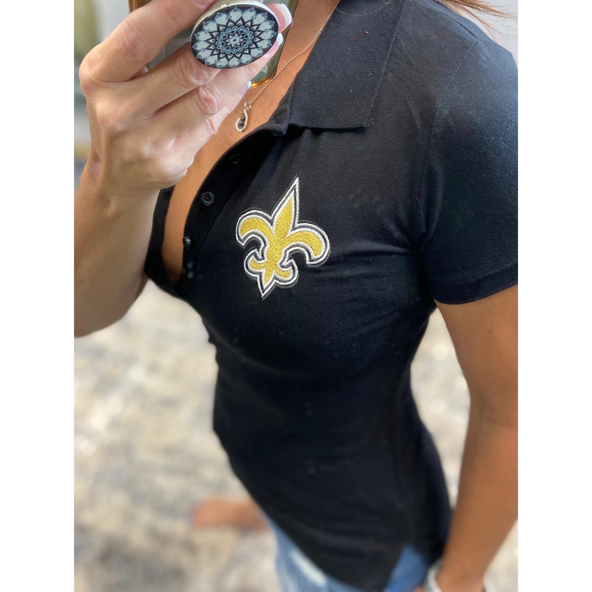 New Orleans Saints Embroidered Fleur de Lis Basic Polo Low Cut Henley Collar Slim Fitted Stretch Top Black S/M/L