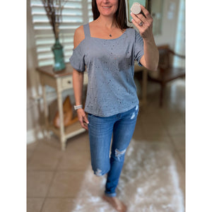 Very Sexy Distressed One Cold Shoulder Cutout Top Blue S/M/L