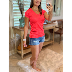 Burnout Low Cut V-Neck Cleavage Baby Slimming Tee Shirt Hot Coral S/M/L/XL