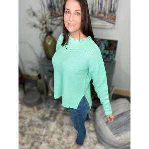 “Mint Julep” Chunky Waffle Knit Sweater Distressed Drop Shoulder Round Neck Split Side Long Sleeve Mint